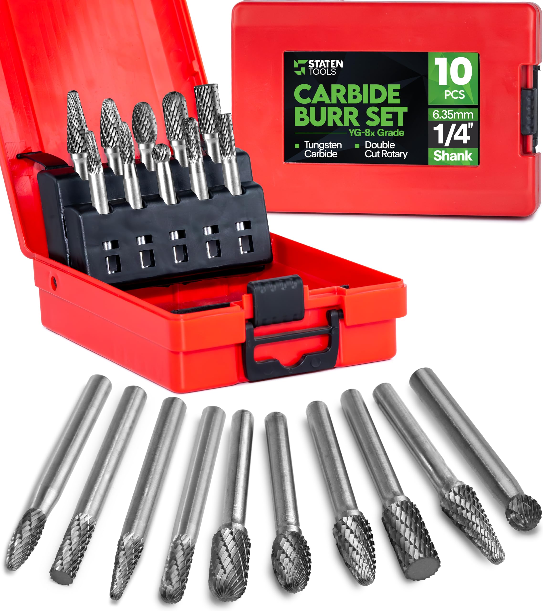 Carbide Burr Bits 10-Pc Double Cut 1/4" (6.35mm) Die Grinder Set