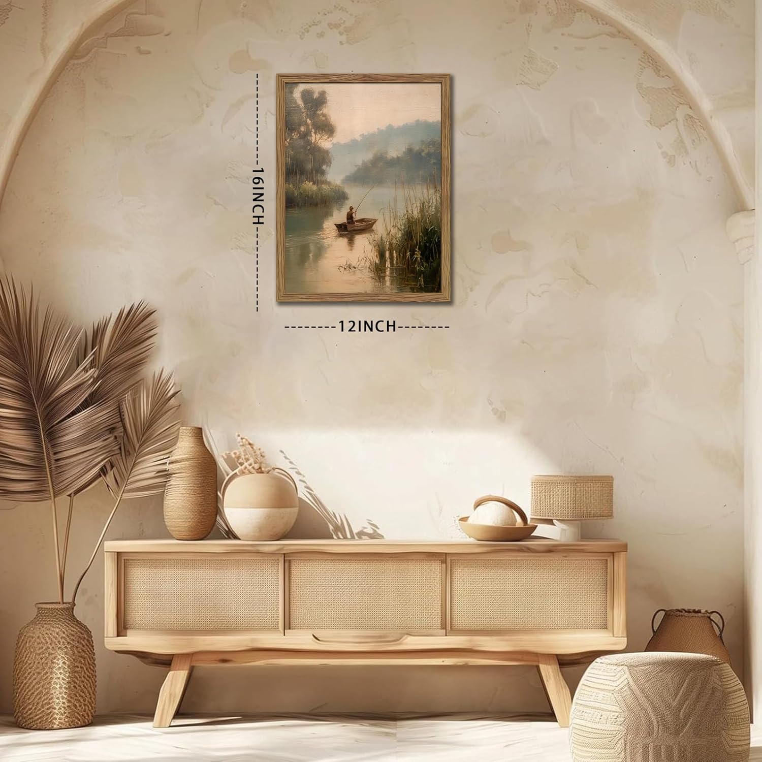 Wood Framed Vintage Fishing Wall Art, Country Fisherman Landscape Canvas Wall Decor Paintings, Retro Country Farmhouse Posters Prints Pictures for Boy Room Bedroom Living Room Home Decor 12x16 Inch