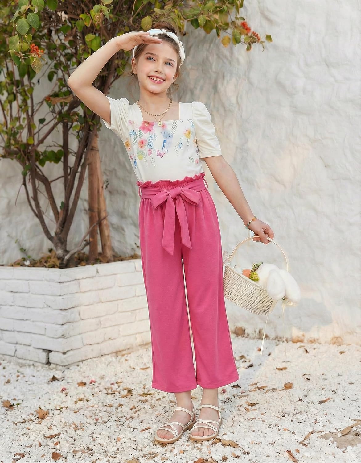 Arshiner Girls 2 Pieces Outfits Kids Square Neck Puff Sleeve Tops and Pants Set with Pockets 6-14 Years - Image 5