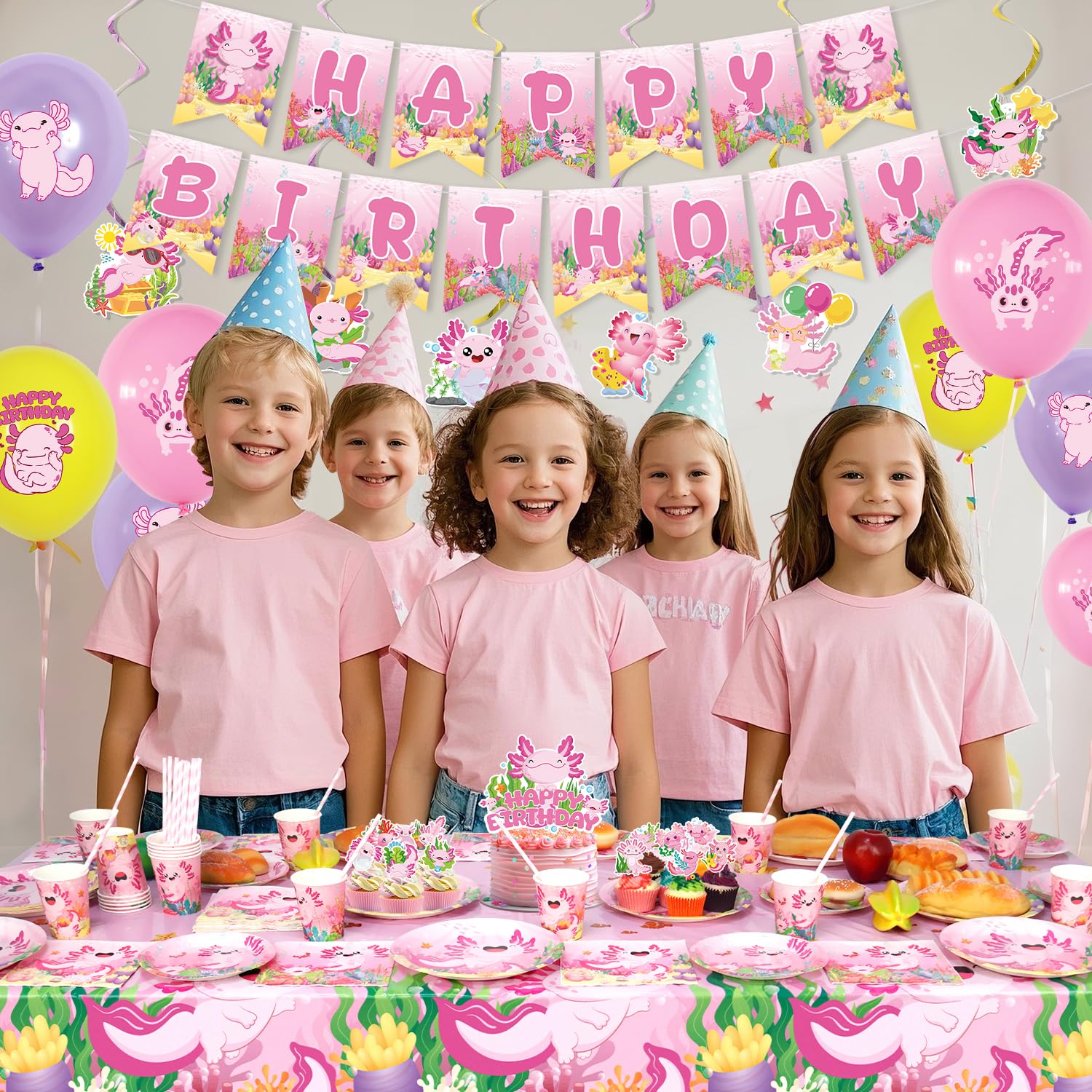 Confetti Axolotl Rosa per Festa di Compleanno - Forniture per Festa Axolotl inclusi Banner, Piatti, Cake Topper, Tazza, Tovagliolo, Palloncino, Tovaglia - per 20 Persone (LQ)