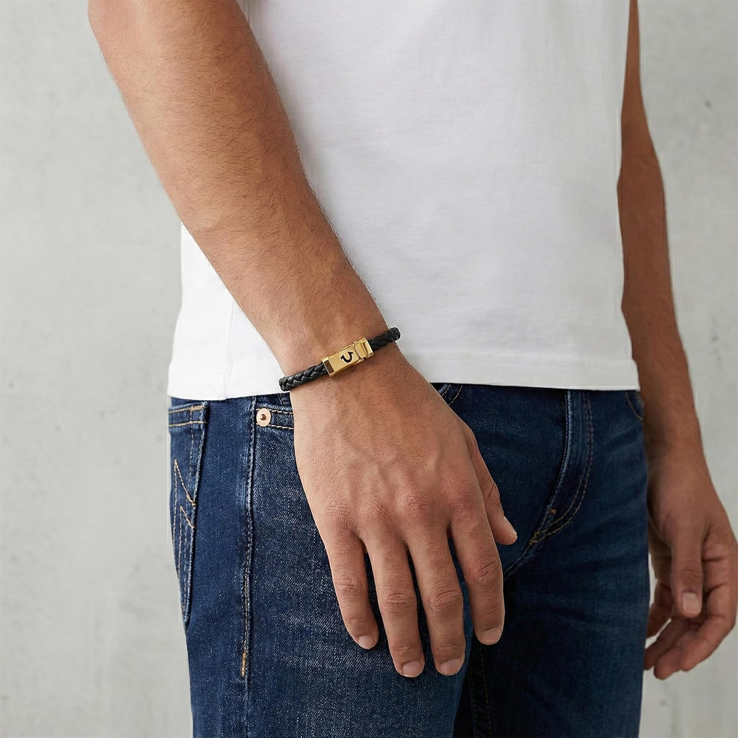 True Religion Simulated Black Leather Horseshoe 12mm Thick Braded ID Style 9 Inch Long Bracelet for Men 14K Yellow Gold Plated Brass - Image 2