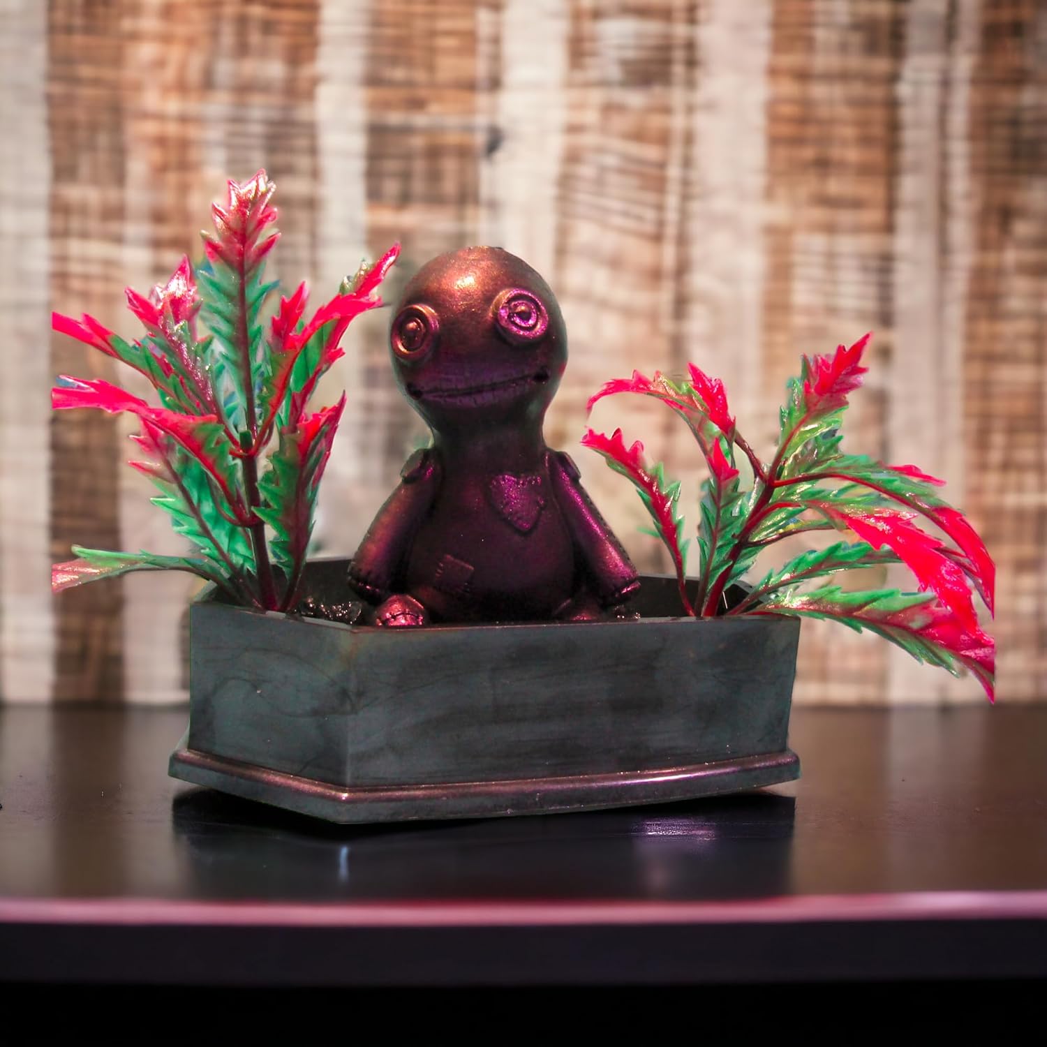 Handmade Purple Voodoo Doll Coffin Aquarium Decoration with Green & Pink Artificial Plant. Gothic Halloween Fish Tank Decor Ornament.