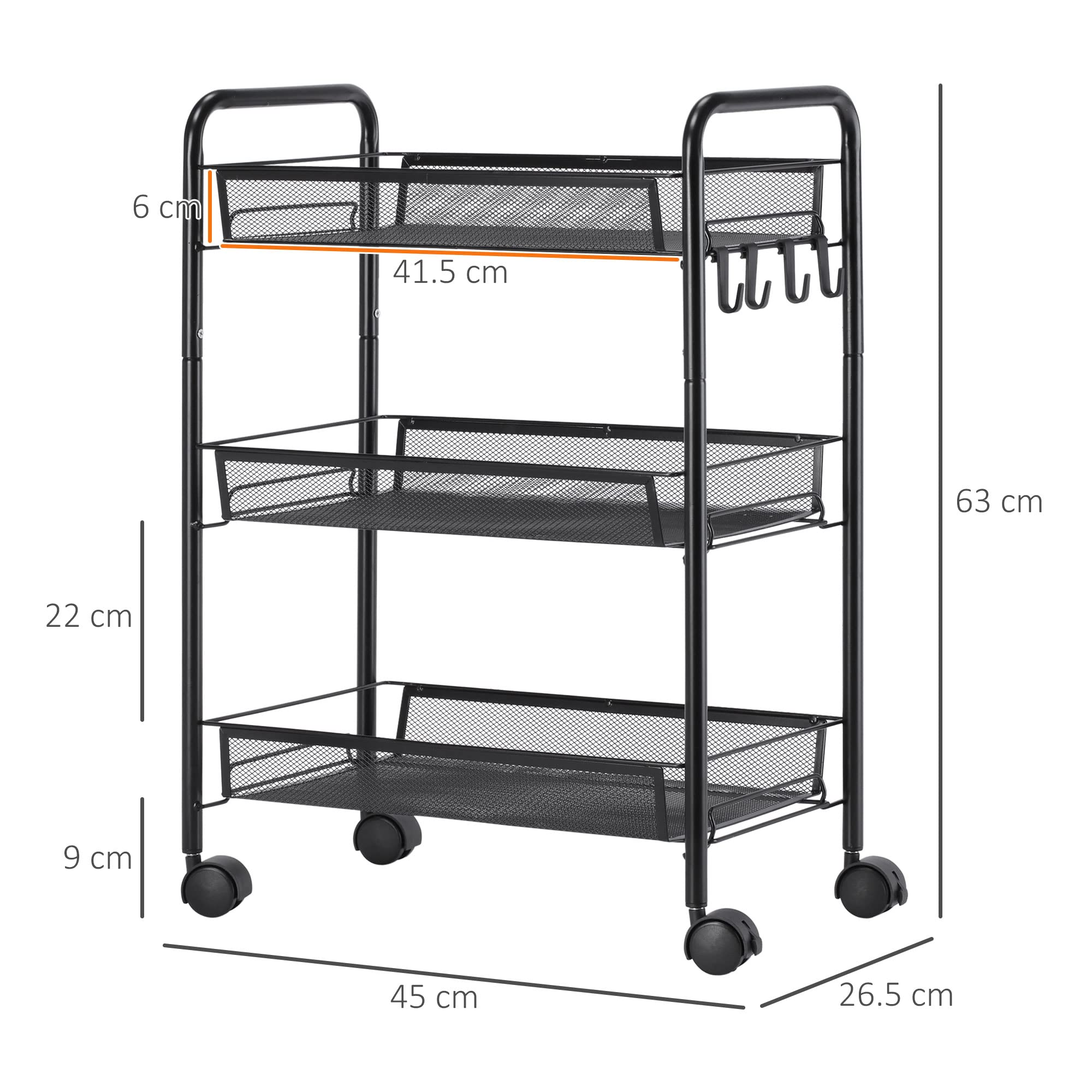 HOMCOM Carrello da Cucina a 3 Livelli con Cesti Removibili e 4 Ruote, in Acciaio e Plastica PP, 45Lx26.5x63cm, Nero