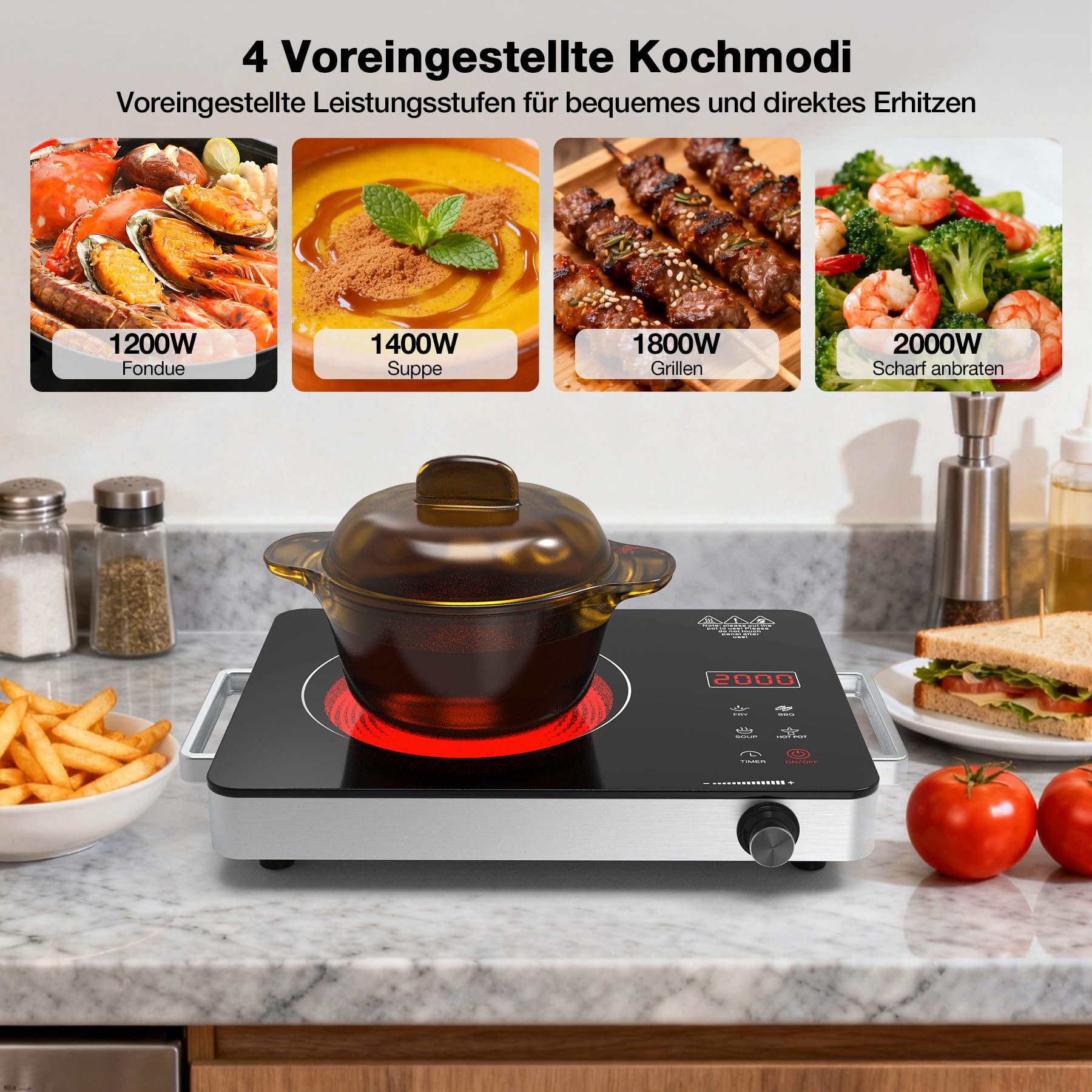 Glaskeramikkochfeld 2000W, Tragbare Kochplatte Elektrisch 1er 36 cm mit Isolierten Griffen, 4 Kochmodi & 4H-Timer, Kochplatte Infrarot für Alle Töpfe, Tisch, Balkon und Camping