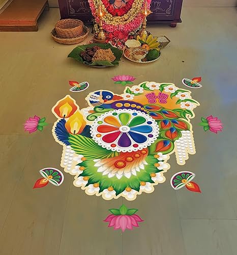Miniatura 6 de Diwali Decoración para regalos para el hogar, calcomanías Diwali Rangoli para azulejos de piso para regalos Diwali con guirnalda de caléndula Diwali