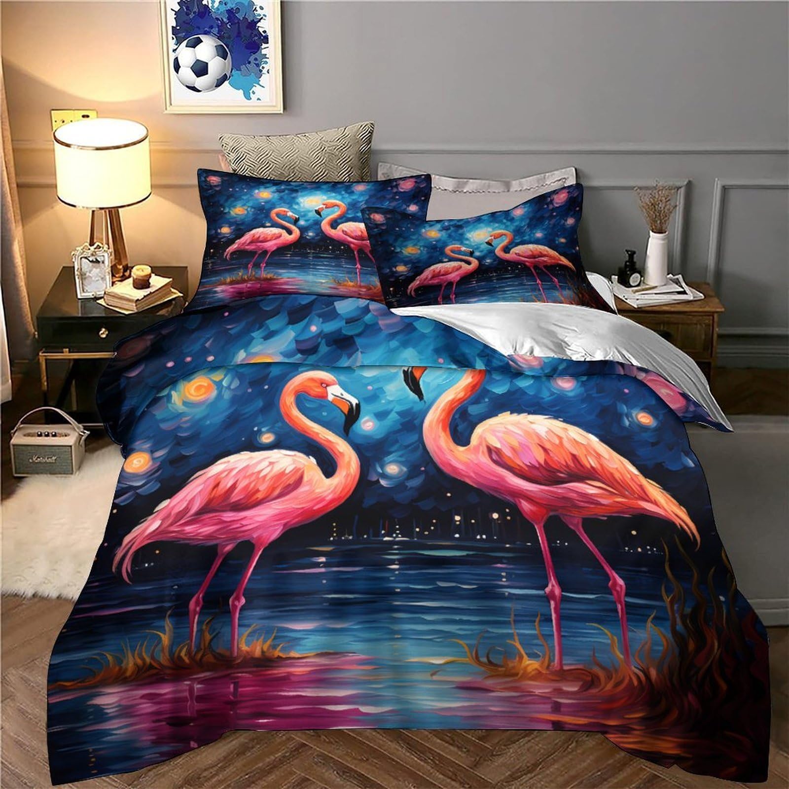 Flamingo-Pärchen 3D Bedruckt Bettbezug 3teilig Mikrofaser hautfreundlich Sternennacht Deckenbezug 2 Kissenbezüge pflegeleicht Paare Familie Super King（260x220cm）