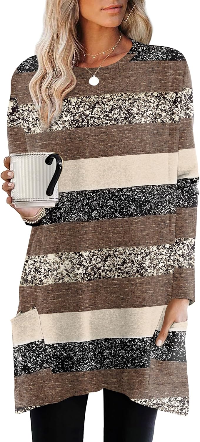 XIEERDUO Womens Tunic Tops Long Sleeve Crew Neck High Low Hem Loose Fit Shirts Blouses with Pockets