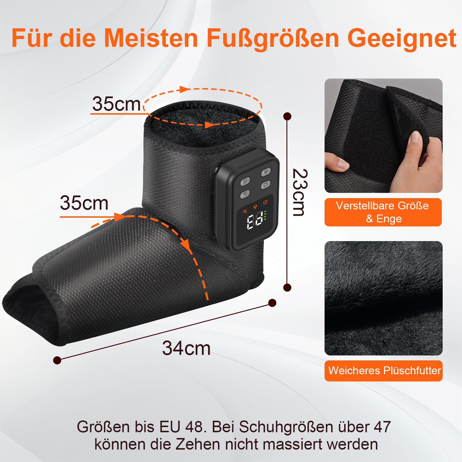 Fußmassagegerät 3-in-1, Wärme, Luftkompression, Vibration, 40-60°C | 3-in-1 mit Wärme, Luftkompression & Vibration, 40-60°C, für Fußsohle, Fußrücken & Knöchel – entspannend & wohltuend.