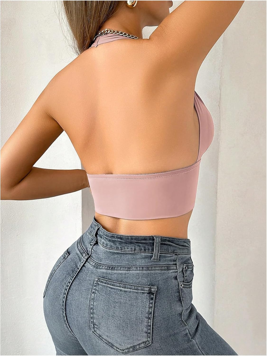 SHENHE Women's Front Closure Halter Bra Low Back Deep V Neck Unpadded Wireless Bralette - Image 2