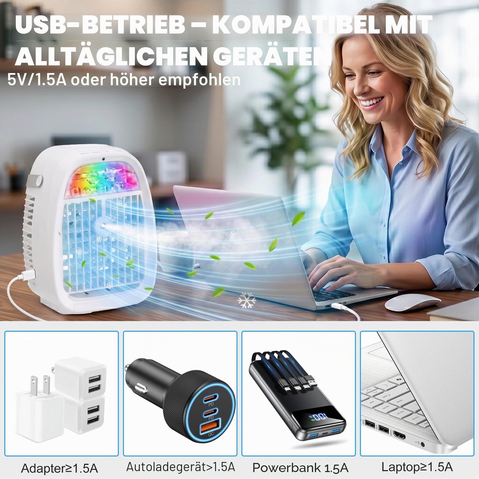 Mobile Klimaanlage 1100ML, Luftkühler mit Wasserkühlung ohne Abluftschlauch, Mini Klimaanlage 4 in 1, Klimagerät mit 3 Windstufen, 2 Sprühmodi, USB Ventilator mit LED für Zimmer Büro Camping
