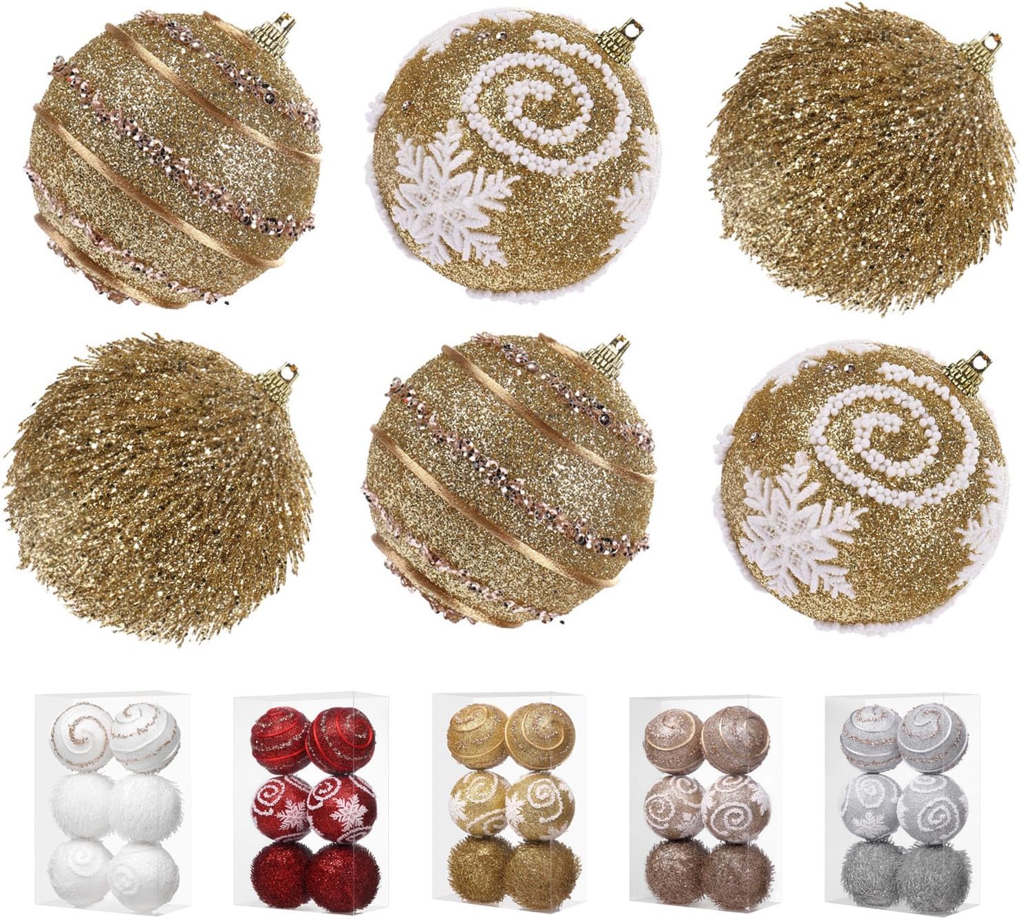 3.15" Large Christmas Ball Ornaments Shatterproof Sparkle Ornaments for Christmas Tree Large Sequin Plastic Hanging Big Tinsel Ball, 6Pcs 80mm (Gold)
