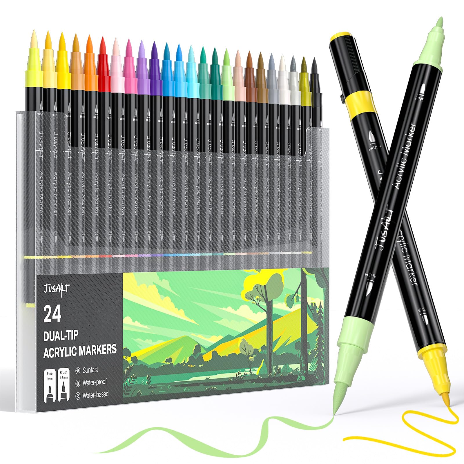 JusArt 72 kleuren acrylverf markers met canvas tas - watergedragen lakstiften zonder aflopen met automatische inktcontrole, waterdichte penseelmarkers voor steen, hout, stof, glas, eieren en