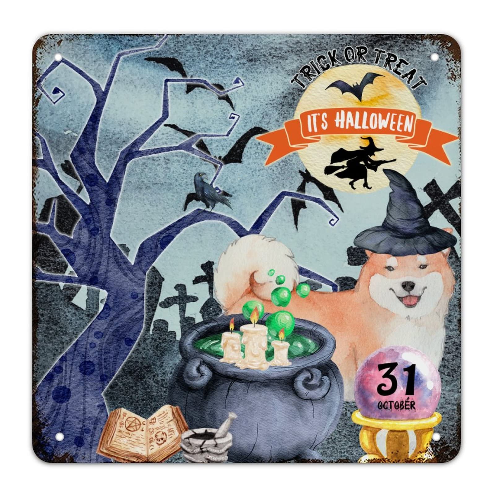 Panneau Halloween sorcière et dalmatiens en aluminium rustique pour deco bar et cafe 38cm