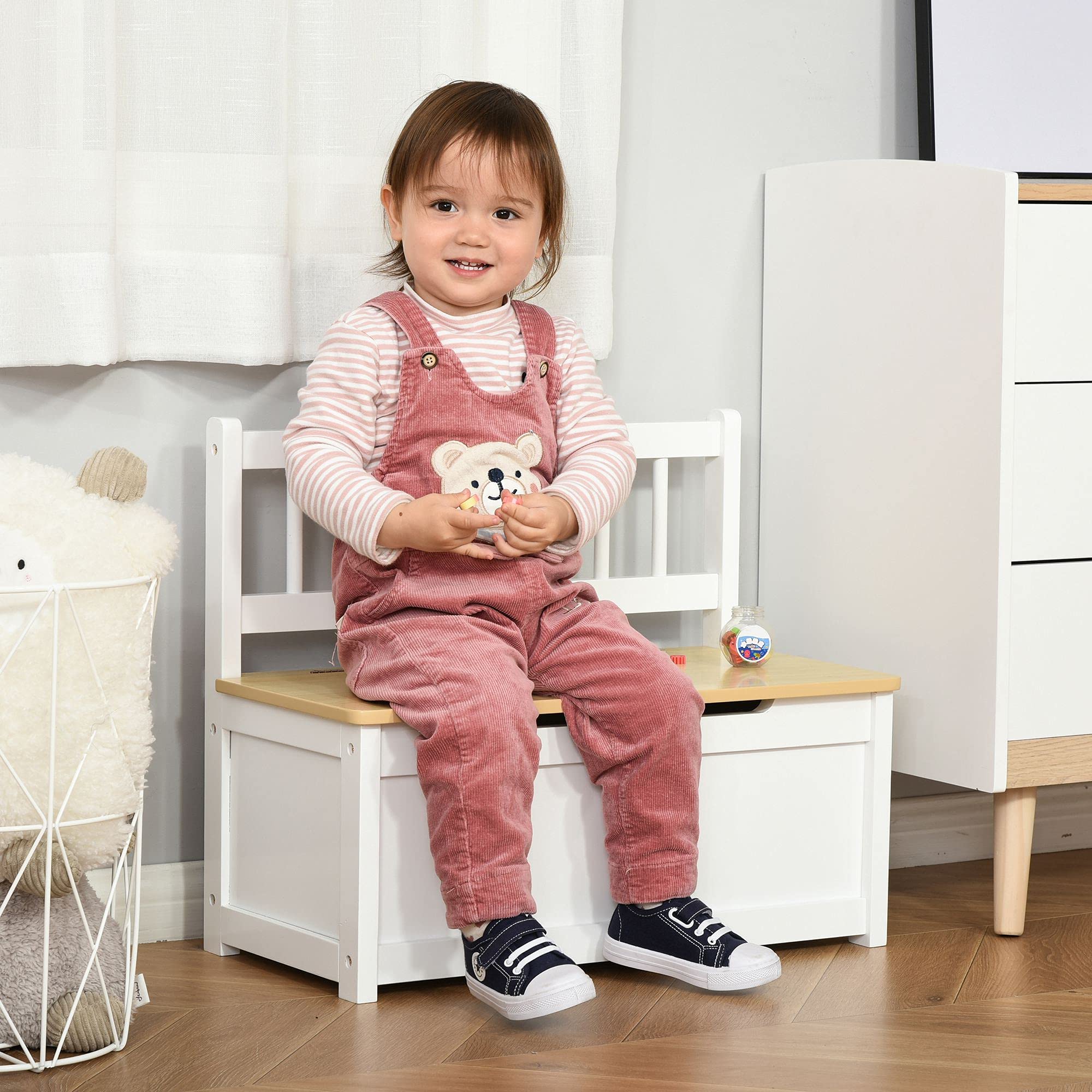HOMCOM Cassapanca per Bambini 2 in 1 in Legno con Pistone per Chiusura Sicura, 60x30x50cm Bianco e Legno Naturale