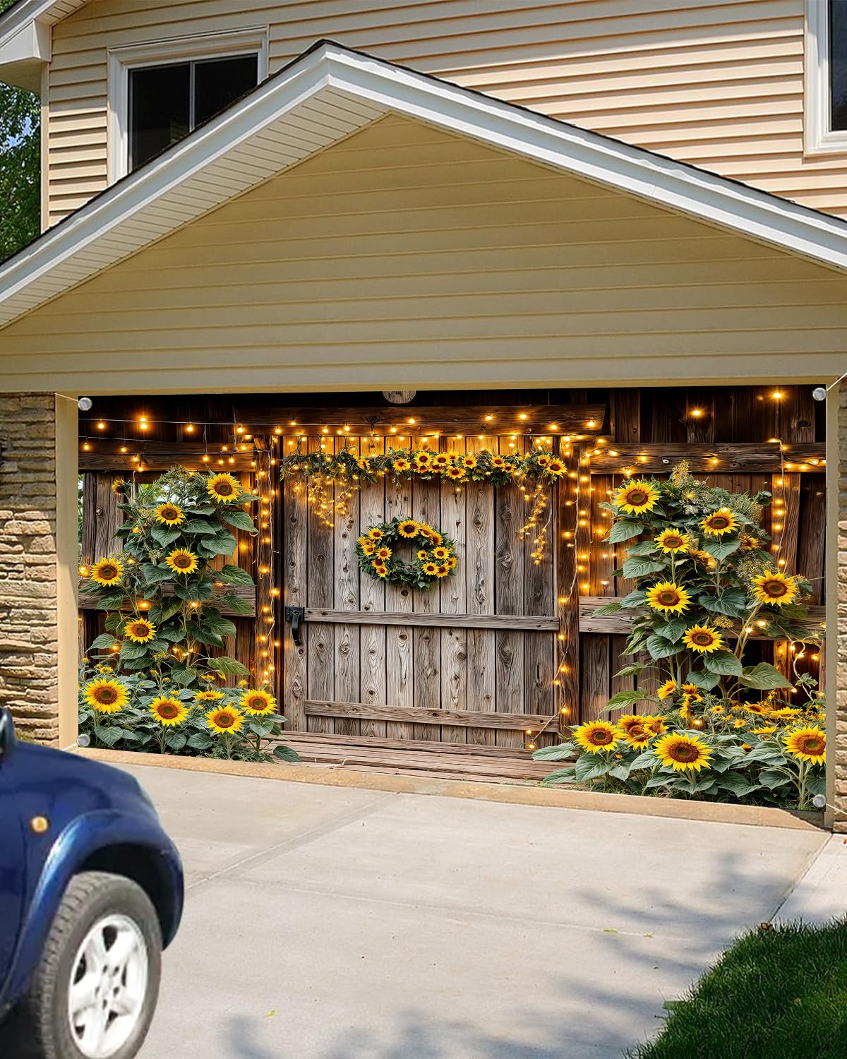 6x8ft Sunflower Rustic Door Decorations, Farm Barn Wood Door Spring Floral Backdrop, Large Countryside Wedding Garage Door Cover, Rustic Wedding