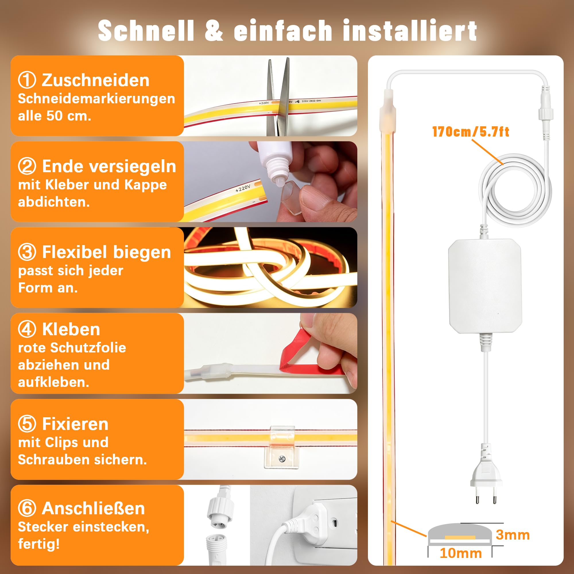 Outdoor IP67 Wasserdicht COB LED Streifen 15M Mit Fernbedienung, AC 220V-230V Dimmbar Direktanschluss 2700K Warmweiss LED Strip, Superhell Selbstklebend für den Außenbereich, Garten, Terrasse