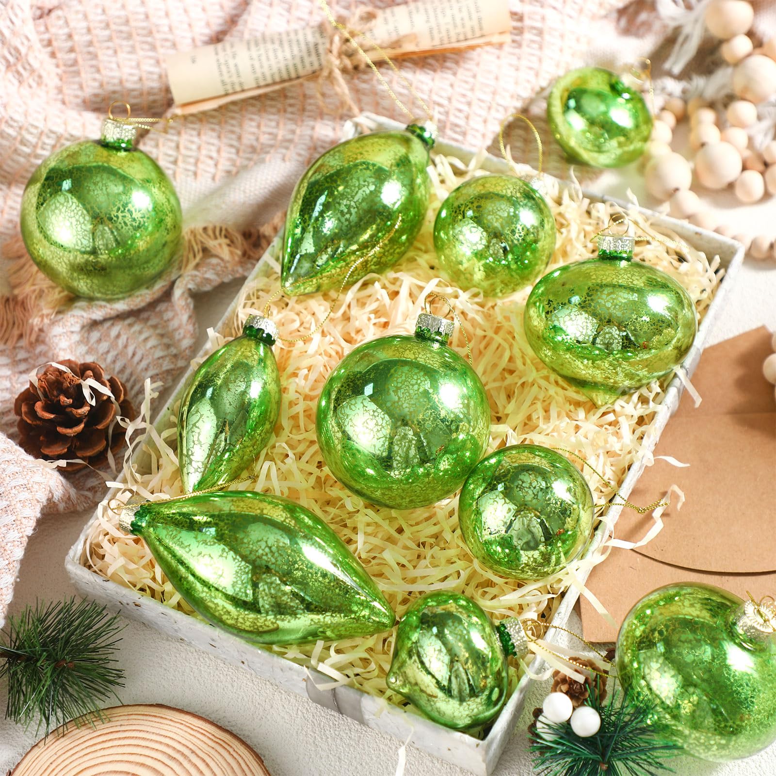 Soulchen Lot de 12 boules de Noël en verre mercure à paillettes vert clair - Décorations de sapin de Noël à suspendre pour arbres, fêtes, mariages
