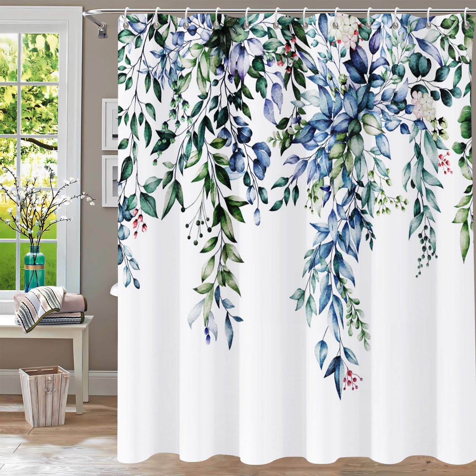 UIYIUI Watercolor Green Leaf Shower Curtain 59x94in-150x240cm Blue Eucalyptus Bathroom Curtains, Washable Waterproof Plant Leaves Fabric Cloth Shower Curtain for Bathroom Decor Bathtub