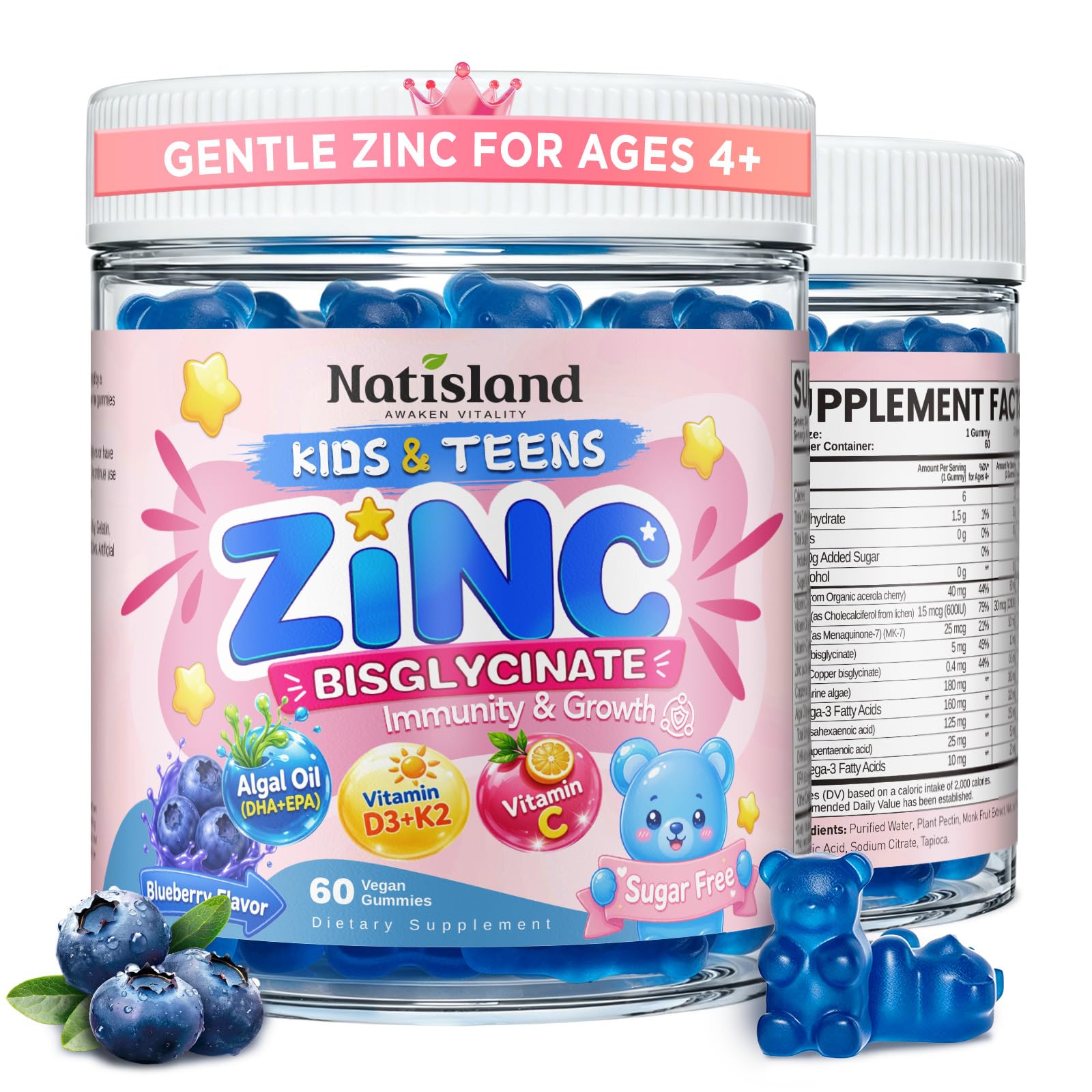 Zinc Bisglycinate for Kids & Teens 4+, Growth & Immune Support, 60 Gummies
