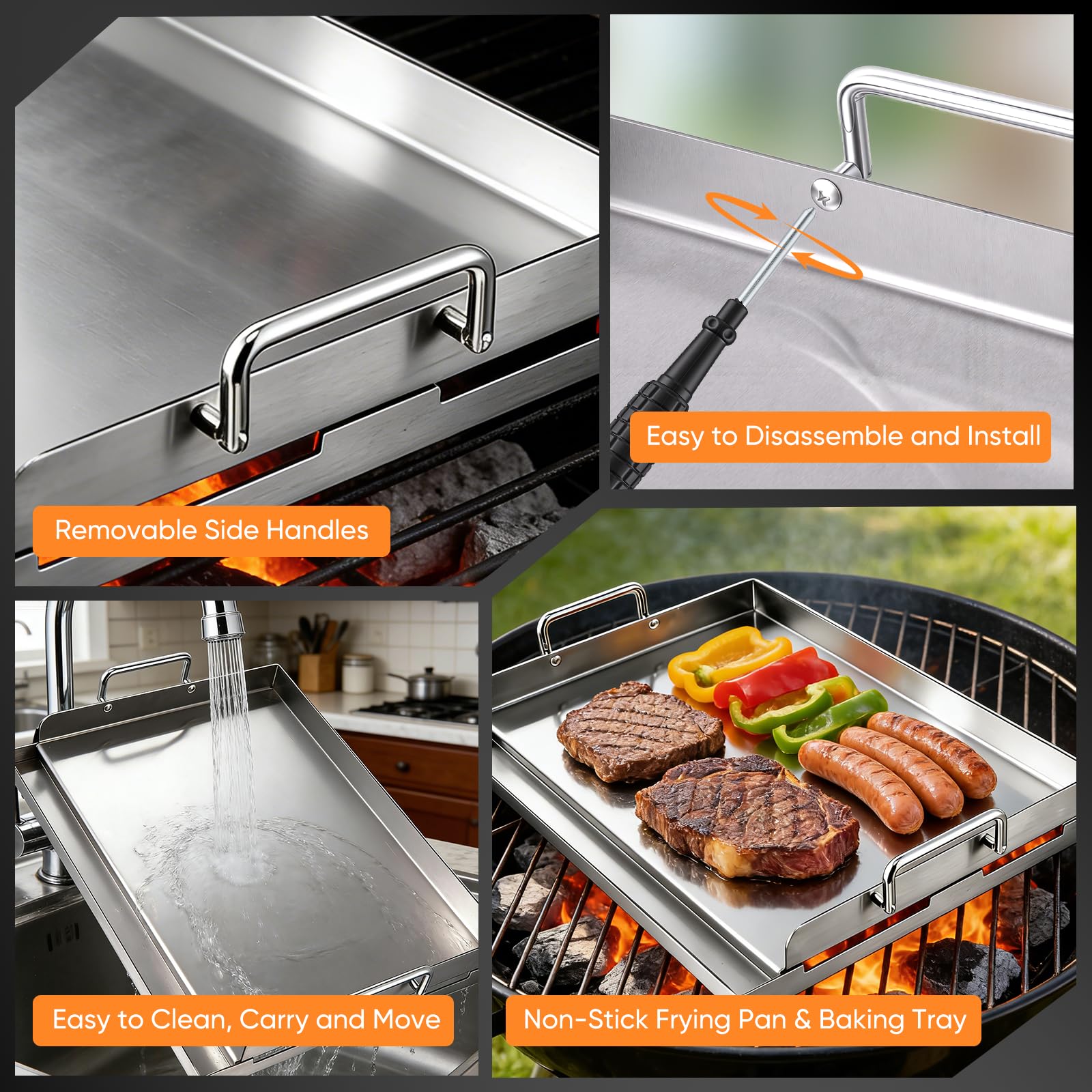 Edelstahl Plancha Grillplatte Edelstahl Massive Stahlgrillplatte Herd für Gas- & Holzkohlegrill,Gleichmäßige Hitzeverteilung,vielseitig für Garten,Camping,Feste,43x32,2cm