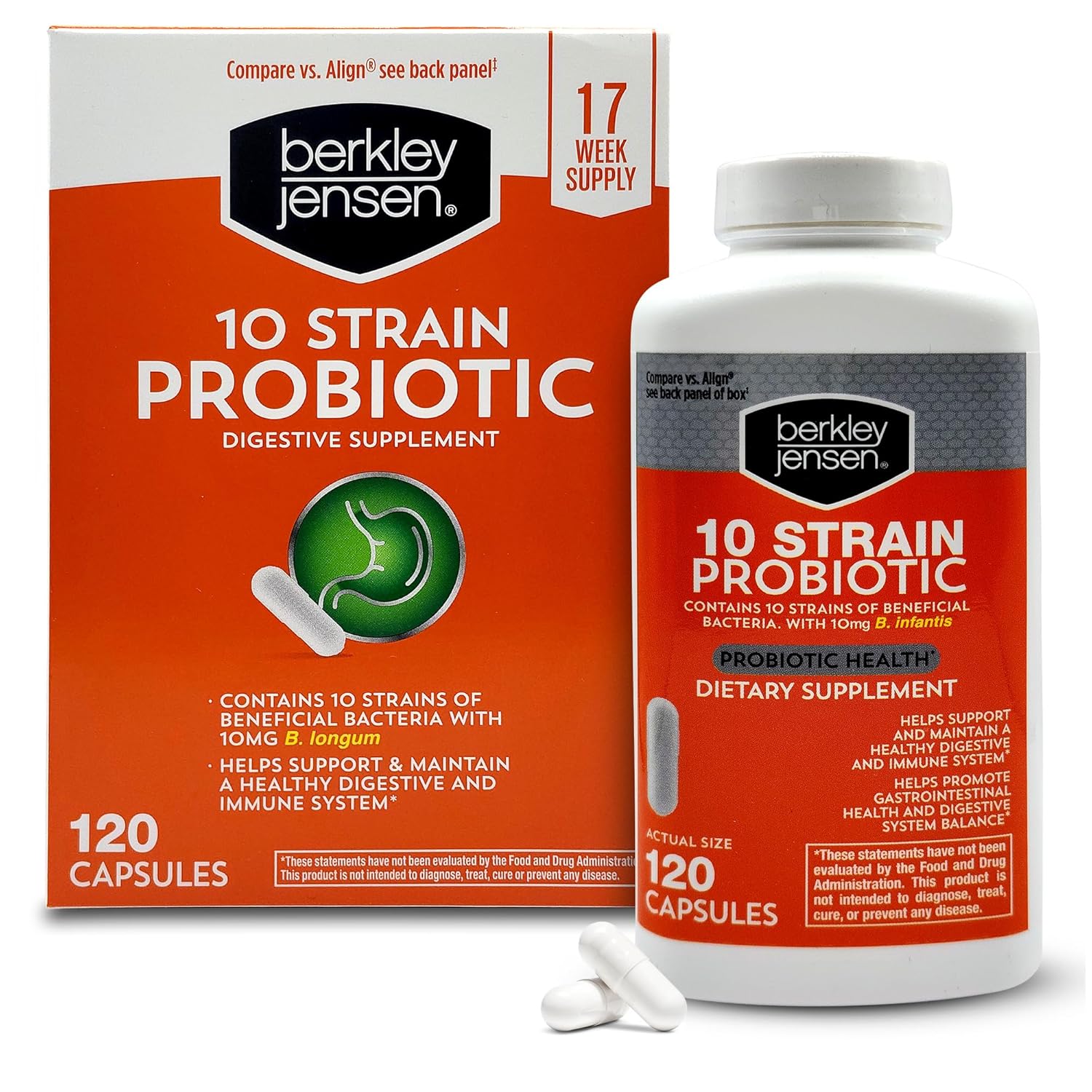 Berkley Jensen Natural 10 Strain Probiotic Supplement Capsules with 10mg B Longum Loaded with Live Strains Beneficial Gut