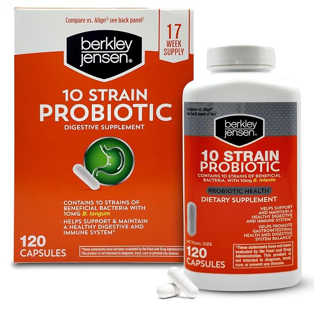 Berkley Jensen Natural 10 Strain Probiotic Supplement Capsules with 10mg B Longum Loaded with Live Strains Beneficial Gut