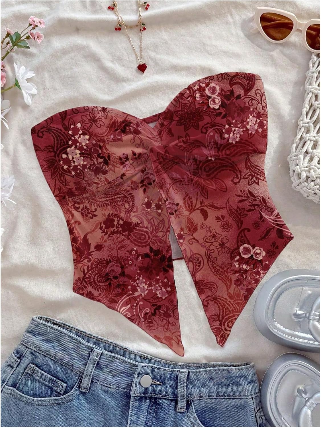 Milumia Women Floral Bandeau Tops Going Out Twisted Front Strapless Crop Tube Tops - Image 2