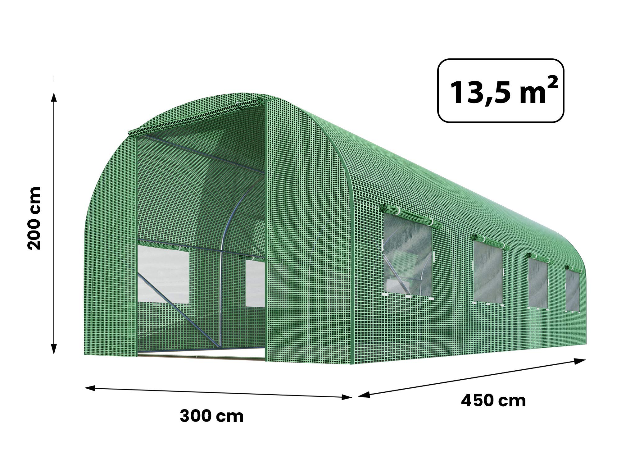 Ersatzfolie für Folientunnel Gewächshaus - 3 x 4,5 m - 13,5 m2 - UV4 Schutz - Treibhausfolie mit Fenstern und Moskitonetz - Robuste Gartenfolie - Folie ohne Gestell - Grün
