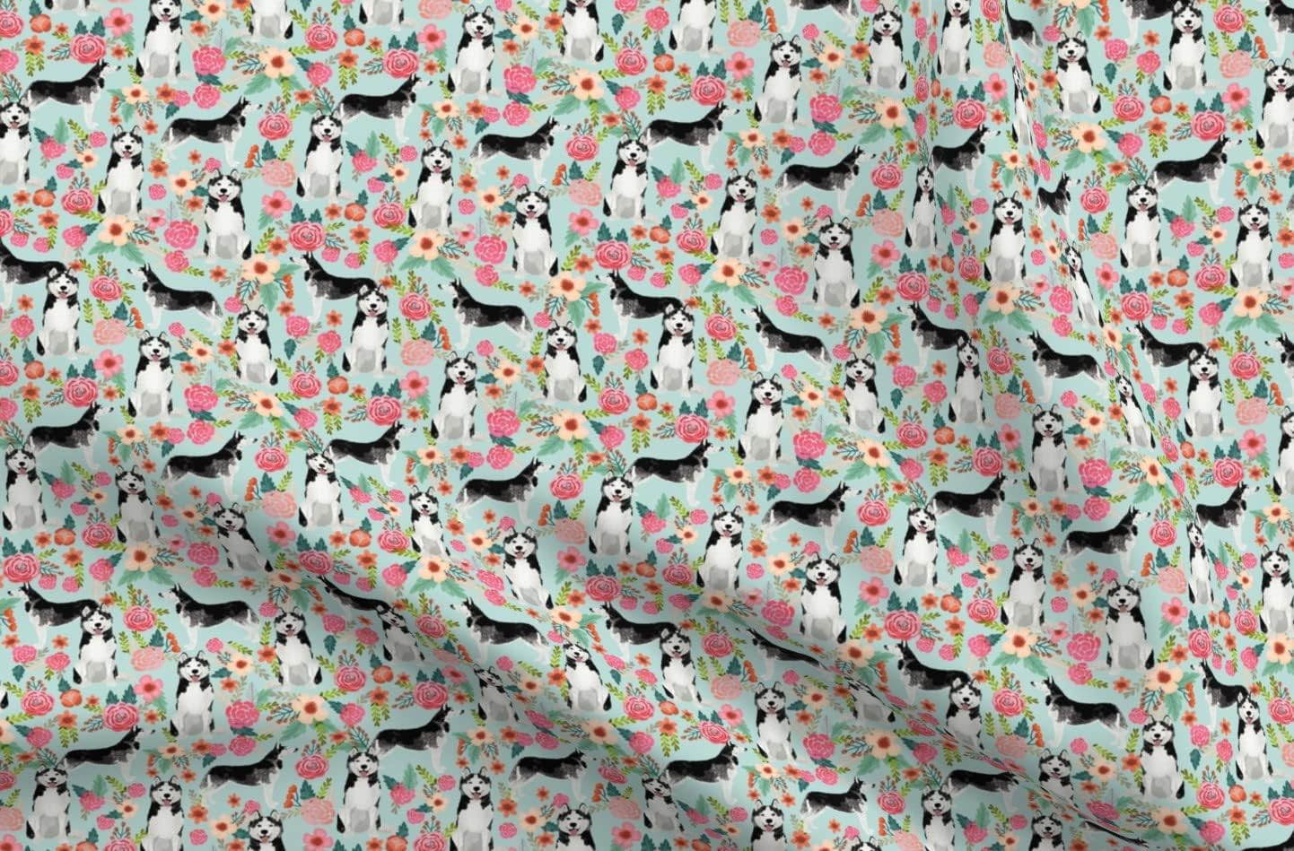 Spoonflower Fabric - Husky Florals Cute Light Mint Best Dogs Huskies Dog Flowers Siberian Printed on Petal Signature Cotton Fabric by The Yard - Sewing Quilting Apparel Crafts Decor