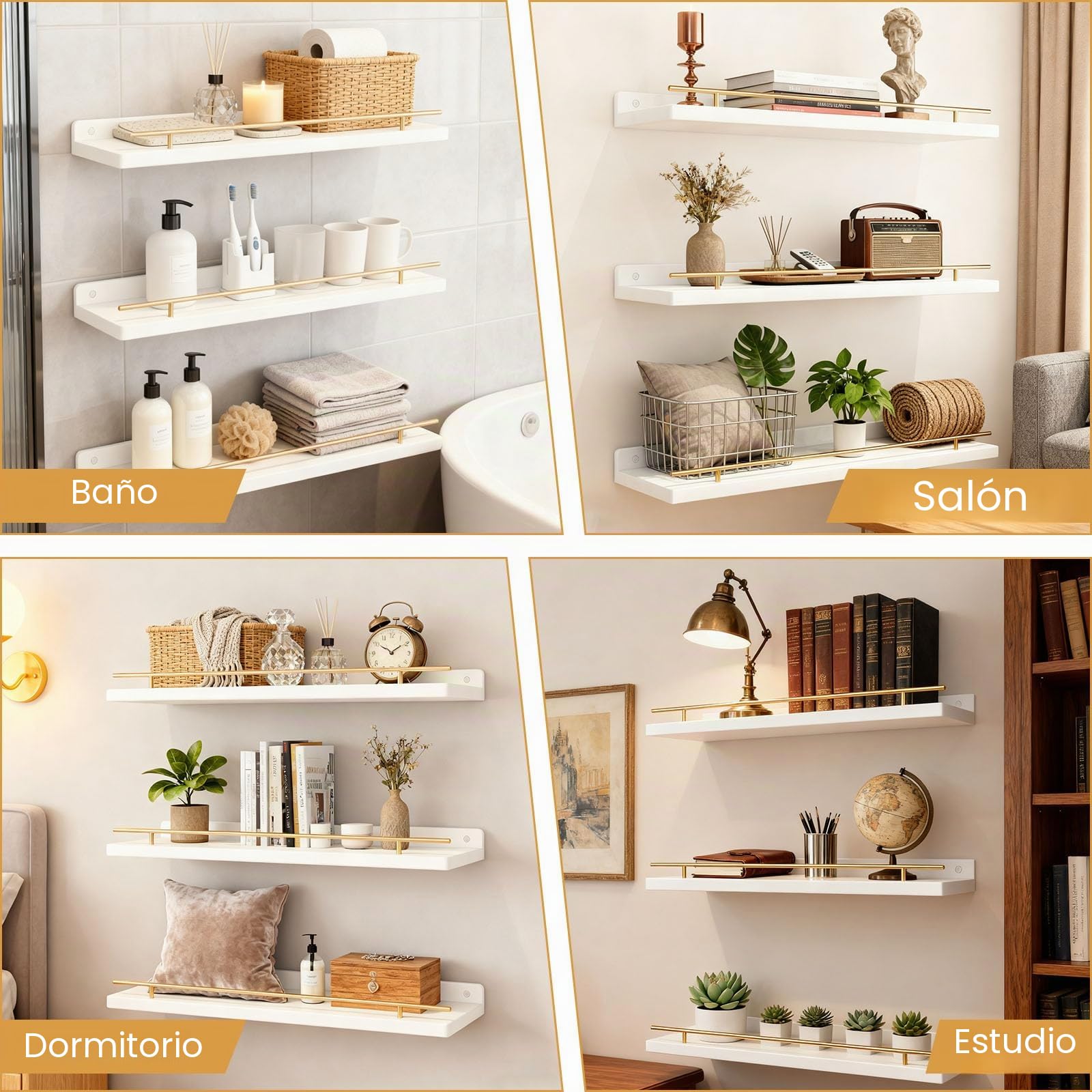 3PCS Estantes Flotantes de Madera 40x15cm, Baldas Flotantes Blancas para Pared, Estanterías de Madera para Pared, Estantes Colgantes dePared para Dormitorio, Cocina, Oficina o Sala de Estar