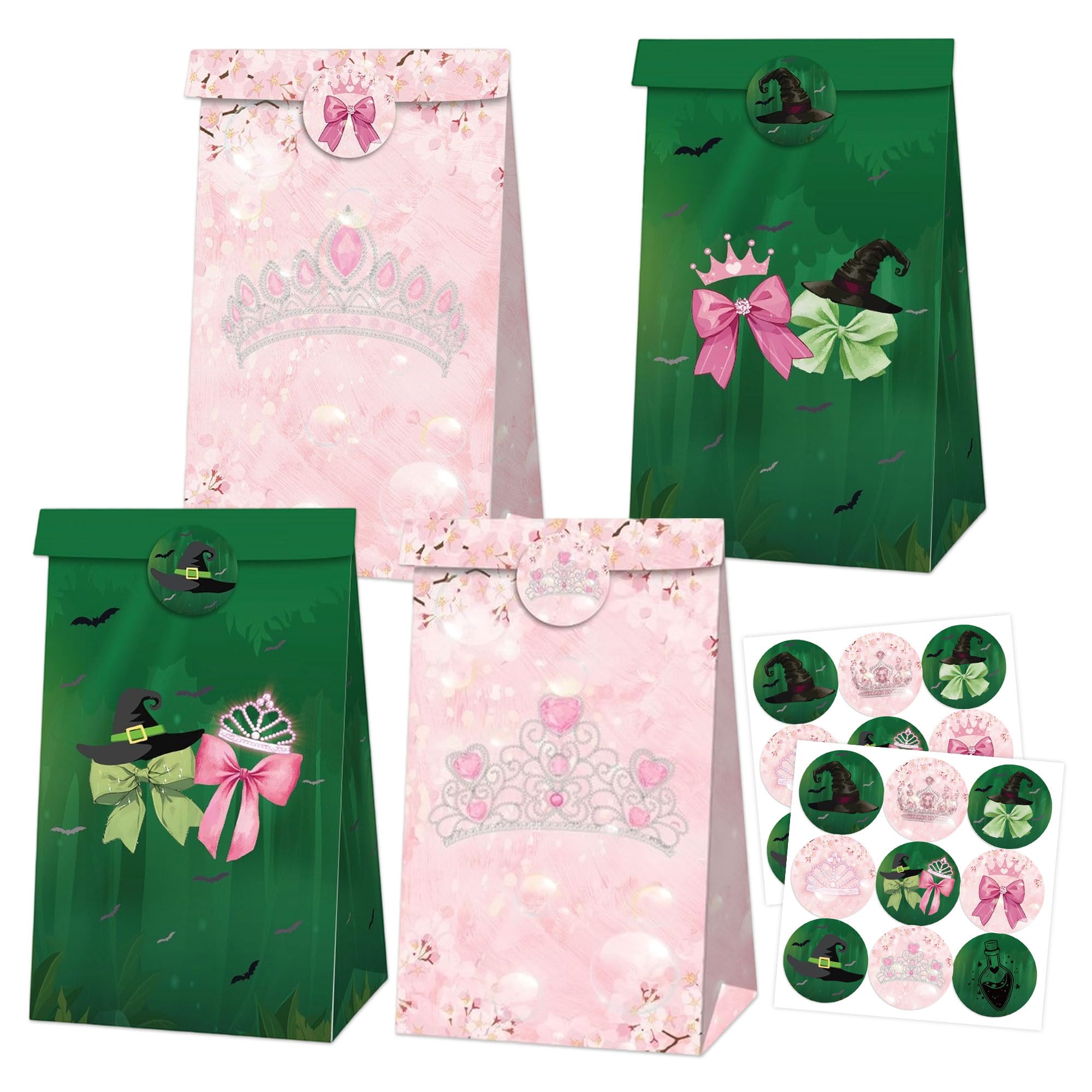 12PCS Pink and Green Birthday Party Decorations Candy Bags Pink and Green Witch Theme Goodie Bags for Party Supplies