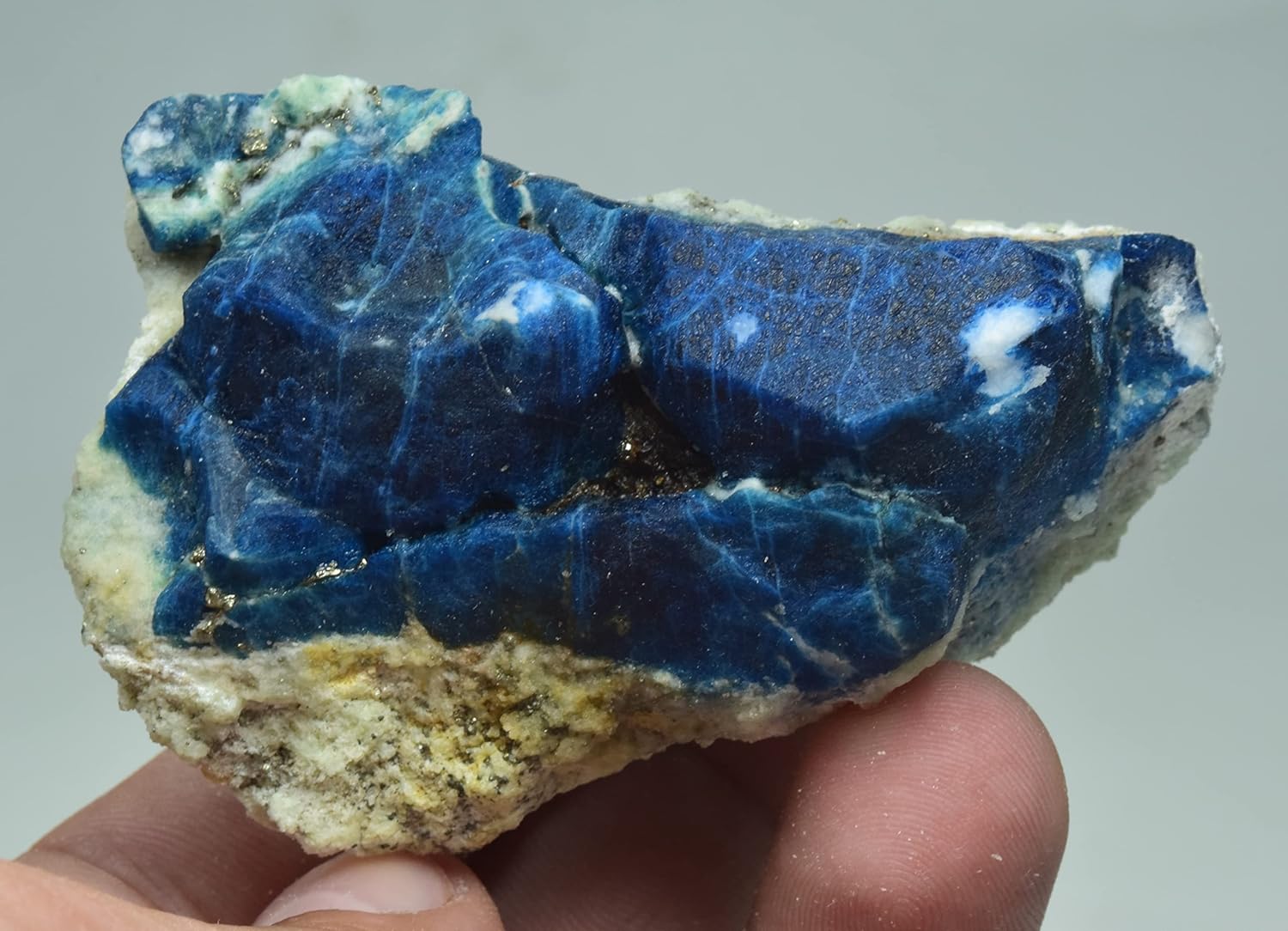 Beautiful Fluorescent Blue Sodaite Crystal Specimen with Pyrite On Matrix 142 gm