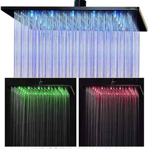 Suguword LED Rainfall Shower Head High Pressure 12 Inch Black LED Rain Shower He