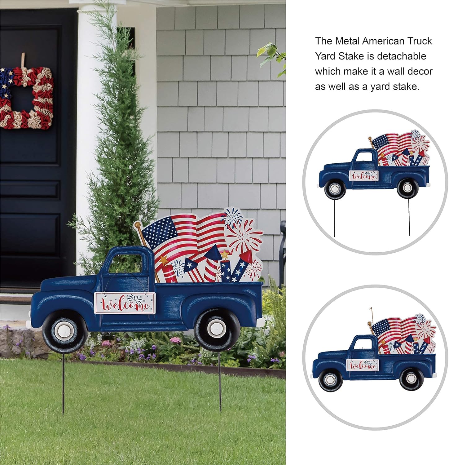 Glitzhome 23.75" H Metal Truck Patriotic Garden Yard Signs with Stake, 4th of July Welcome American Holiday Wall Outdoor Backyard Party Patriot's Day Decon
