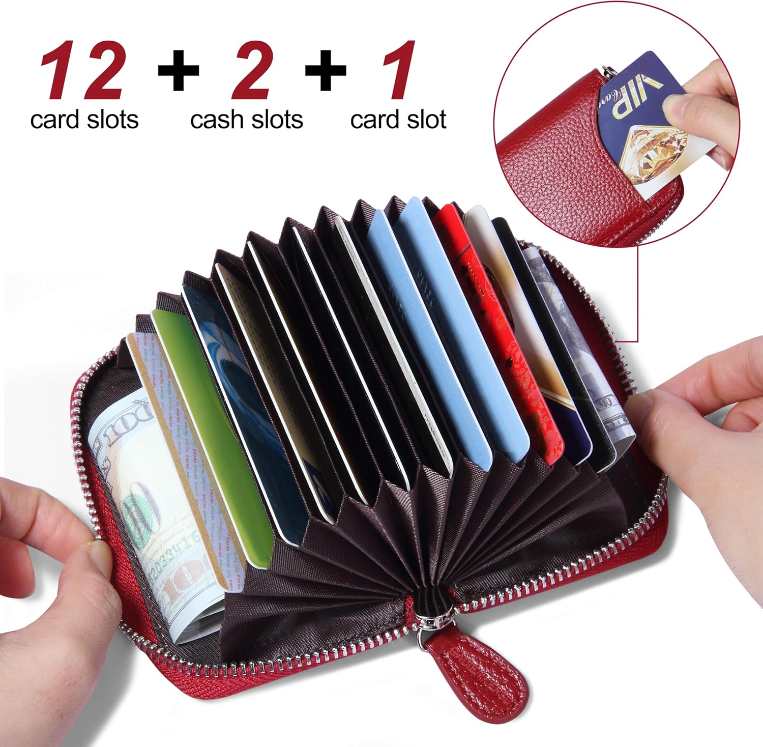 GADIEMKENSD Genuine Leather Credit Card Wallet, Fold Accordion Style with RFID Blocking, Velvet Bag Wine Red, Card holder image 2