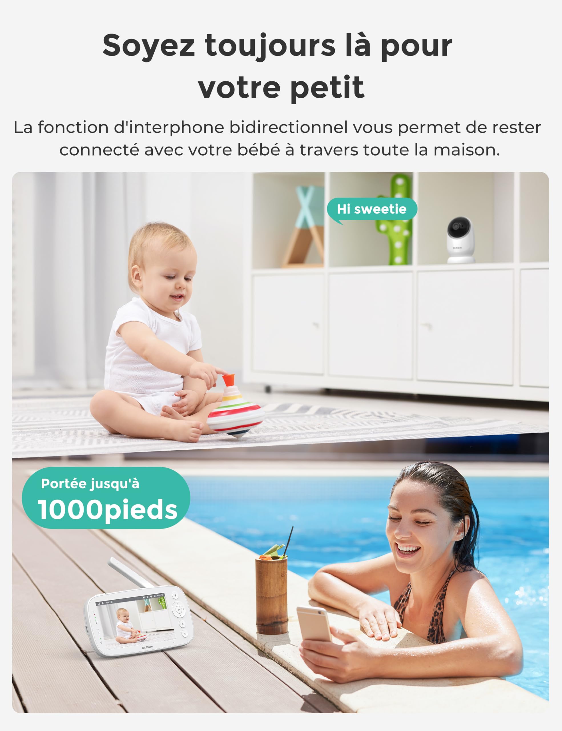 Dr.Care NovaView Pro Babyphone Caméra avec Détection de Mouvement - sans WiFi, Écran 5" 1080P, Batterie 5000mAh, Vision Nocturne, Zoom 2X/4X, Audio Bidirectionnel, Caméra Pivotante, Portée 390m