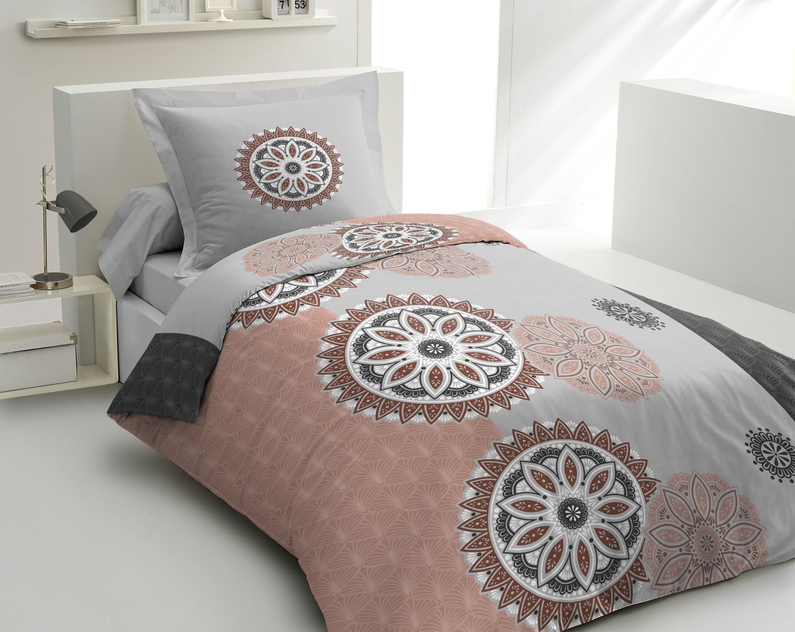 Parure de Couette Home Linge Passion - 100% Coton 57 Fils | 140x200 cm | Gris et Vieux Rose | Modele Yucatan