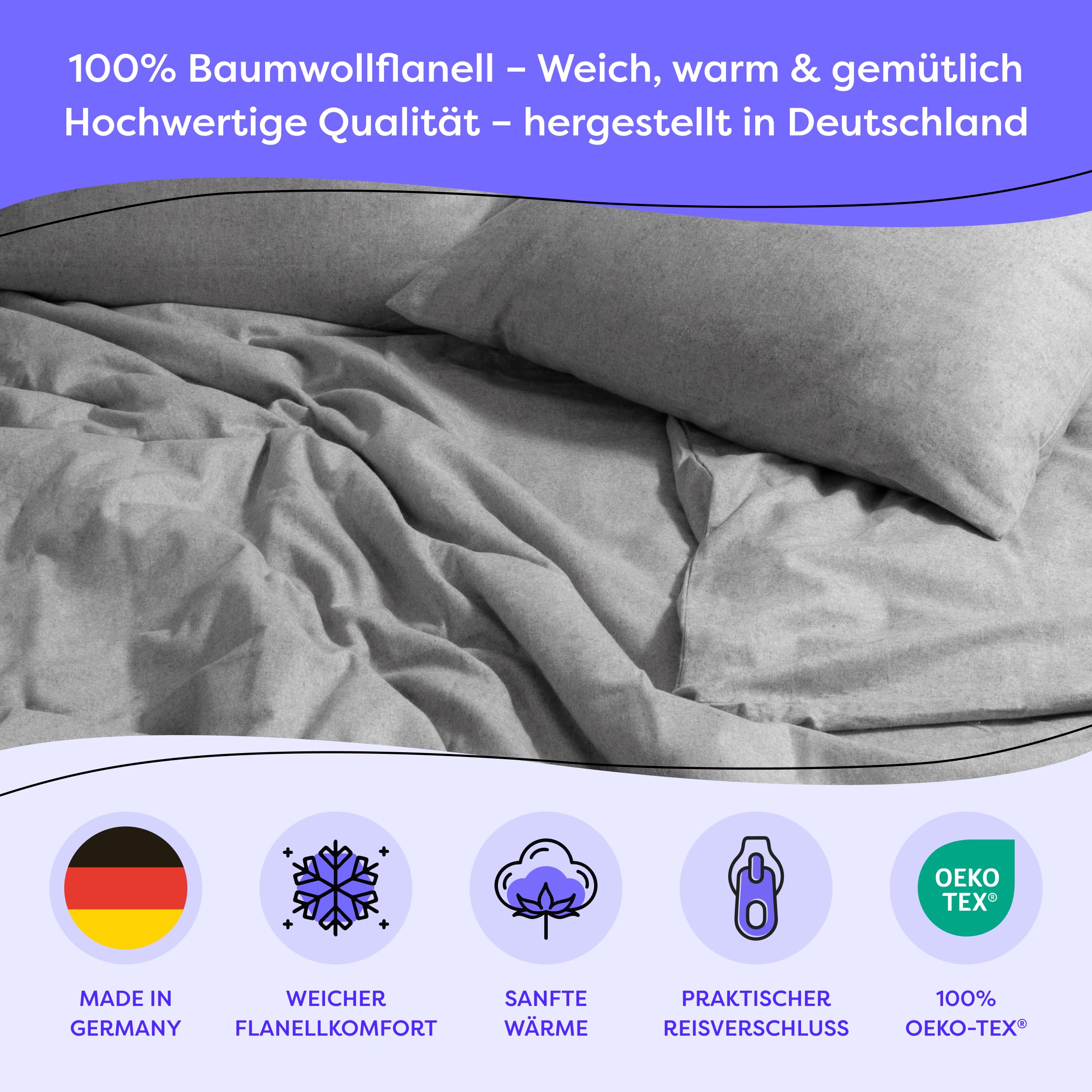 Wolkenfeld Biber Bettwäsche 220x240 + 2X 80x80 cm Flanell – 3-teilige Winter Bettwäsche Baumwolle 100% – Fein-Flanell bettwäsche – warm und atmungsaktiv – Oeko-TEX Zertifiziert, Made in Germany, Grau Lebensmittel & Getränke