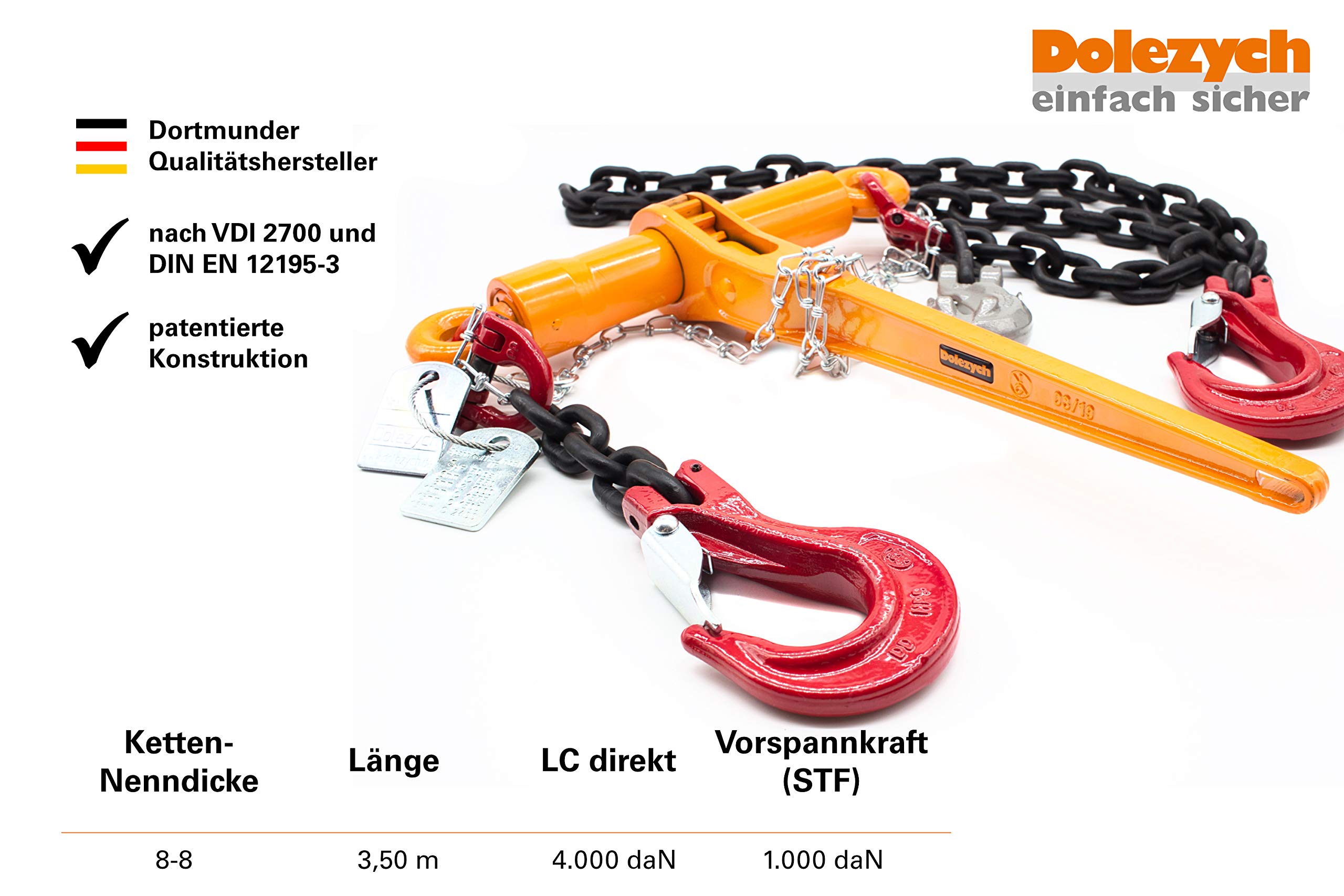 Dolezych Catena di ancoraggio grado 80 con Dora Ratchet Load Binder, 2 ganci a forcella, 8 mm catena, capacità di ancoraggio diretto = 4000 Dan, lunghezza 3,50 m