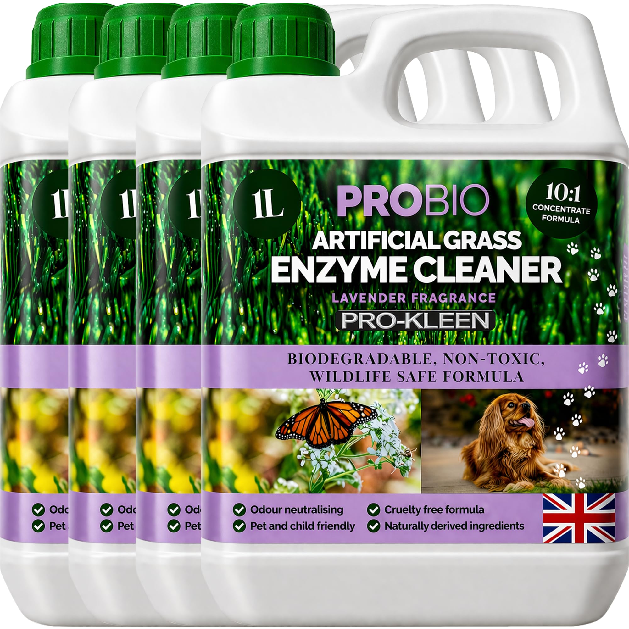 Pro-Kleen ProBio Artificial Grass Cleaner Probiotic Based Deodoriser Odour Eliminator 4 x 1L Non-Toxic Cruelty-free Child Pet Friendly - Lavender Fragrance - Naturally derived Probiotic Cleaning