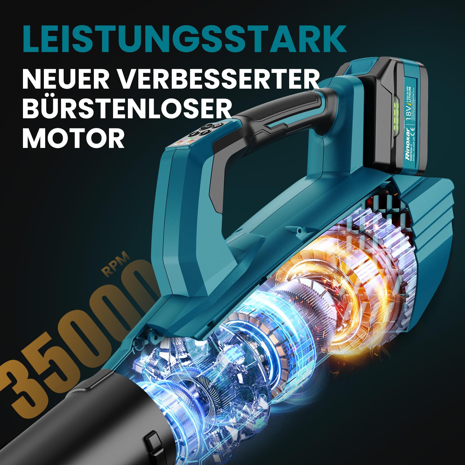 Akku Laubbläser, 5-Gang Kabelloser Elektrischer Laubbläser Bürstenlosem Motor mit 2X 5.2Ah/18V Batterien, 35000 U/min, Luftgeschwindigkeit 180 km/h, Luftdurchsatz 800 m³/h, 2 Wechselbare Düsen