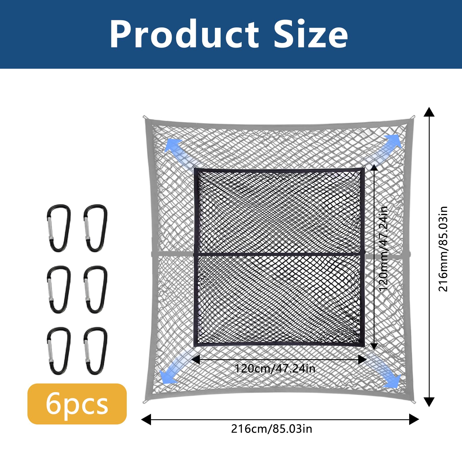 Filet de Chargement pour Camion Extensible 1.1x1.1à 2.2x2.2 m, Filet pour Galerie de Toit,Filet de Cargaison hautement élastique avec 6 Crochets,Organiseur Simple en Maille(Double Couche)