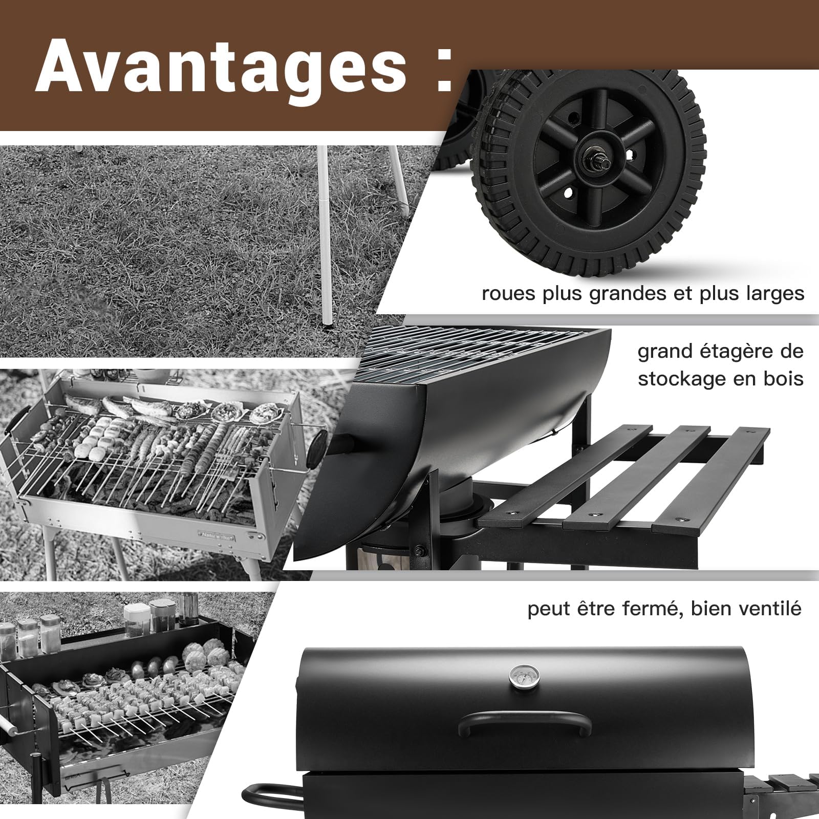 TEENO Parrilla para Barbacoa, Barbacoa de Carbón de Madera con Parrilla de Cocina XXL de Gran Tamaño, Guantes Anti-Quemaduras, Termómetro, Cajón de Cenizas, Ventilación Regulable (Básico)