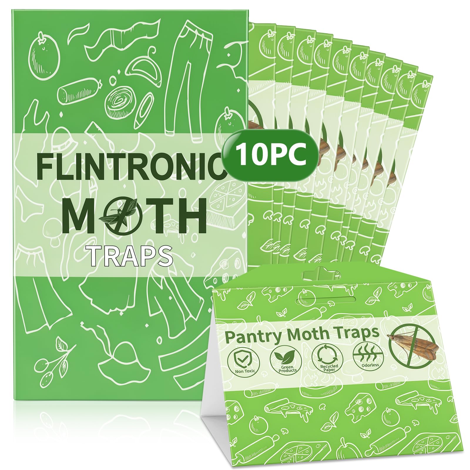 flintronic Pantry Moth Traps, 10 Pack Food Moth Trap, Non-Toxic and Odourless Sticky Pheromone Trap, Moths Catcher with No Insecticides, Monitoring Traps for Food and Cupboard Moths