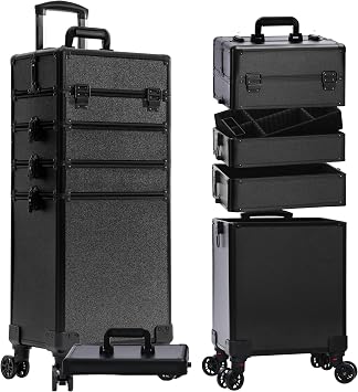 Professional Rolling Makeup Train Case with Lid, 5 in 1 Cosmetology Case on Wheels, Large Cosmetic Trolley Organizer Travel for Hairstylist Artist Nail Beauty Salon Barber, Black, 5 in, 5 in 1