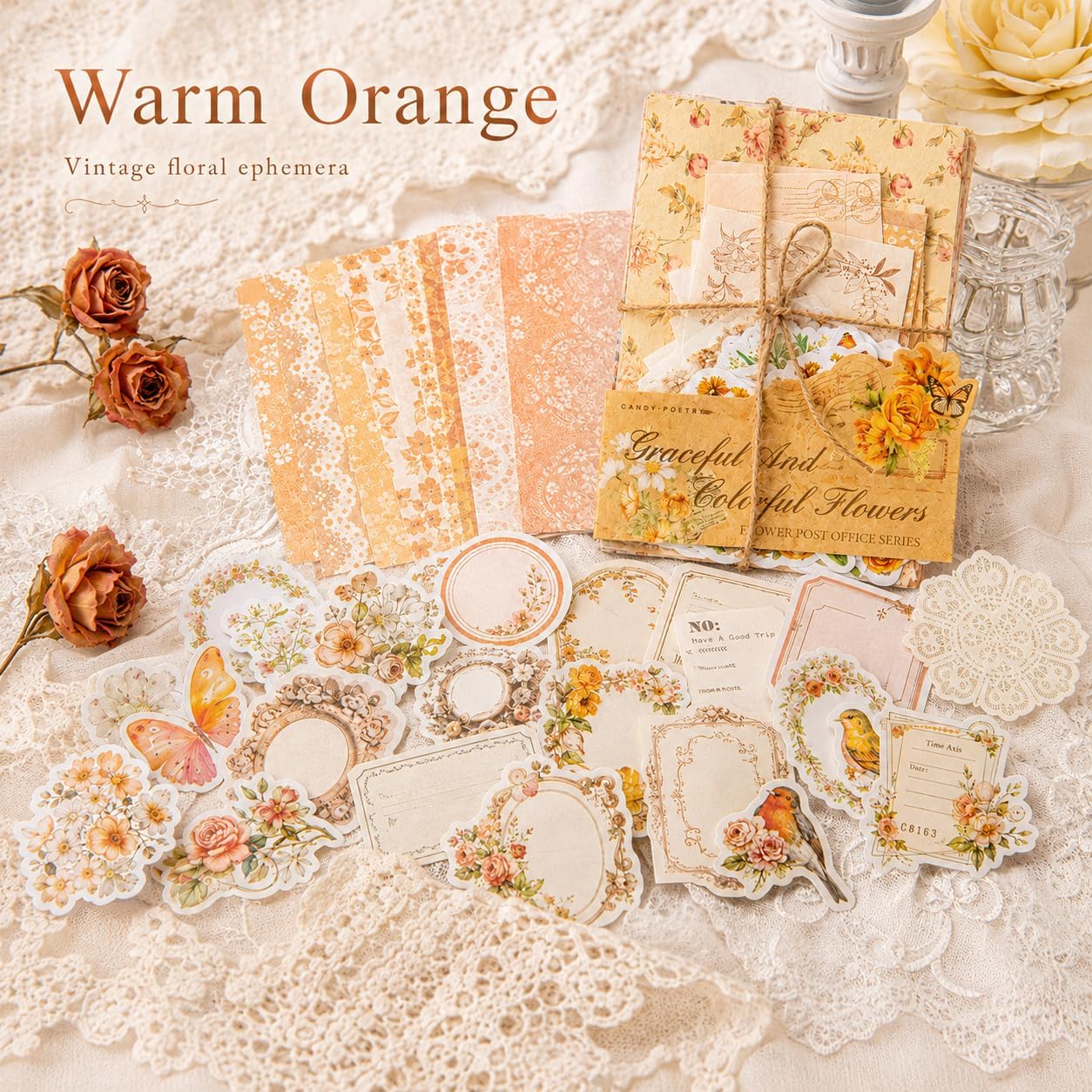 400Pcs Vintage Floral Scrapbooking Kit, Paper & Stickers