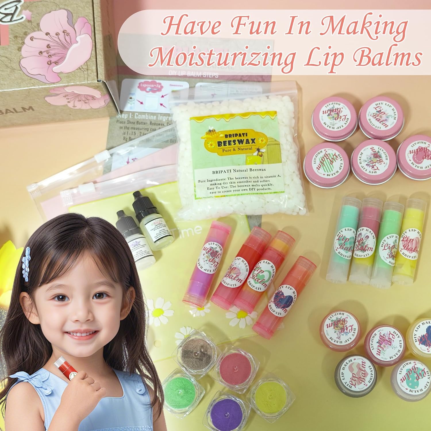 DIY Lip Balm Making Kit for Adults to Make Your Own Moisturizing Lip Balms Craft Kits with Natural Beeswax, Flavoring Oil, Empty Lip Balm Tubes Jars, Birthday Christmas Mother’s Day Gift