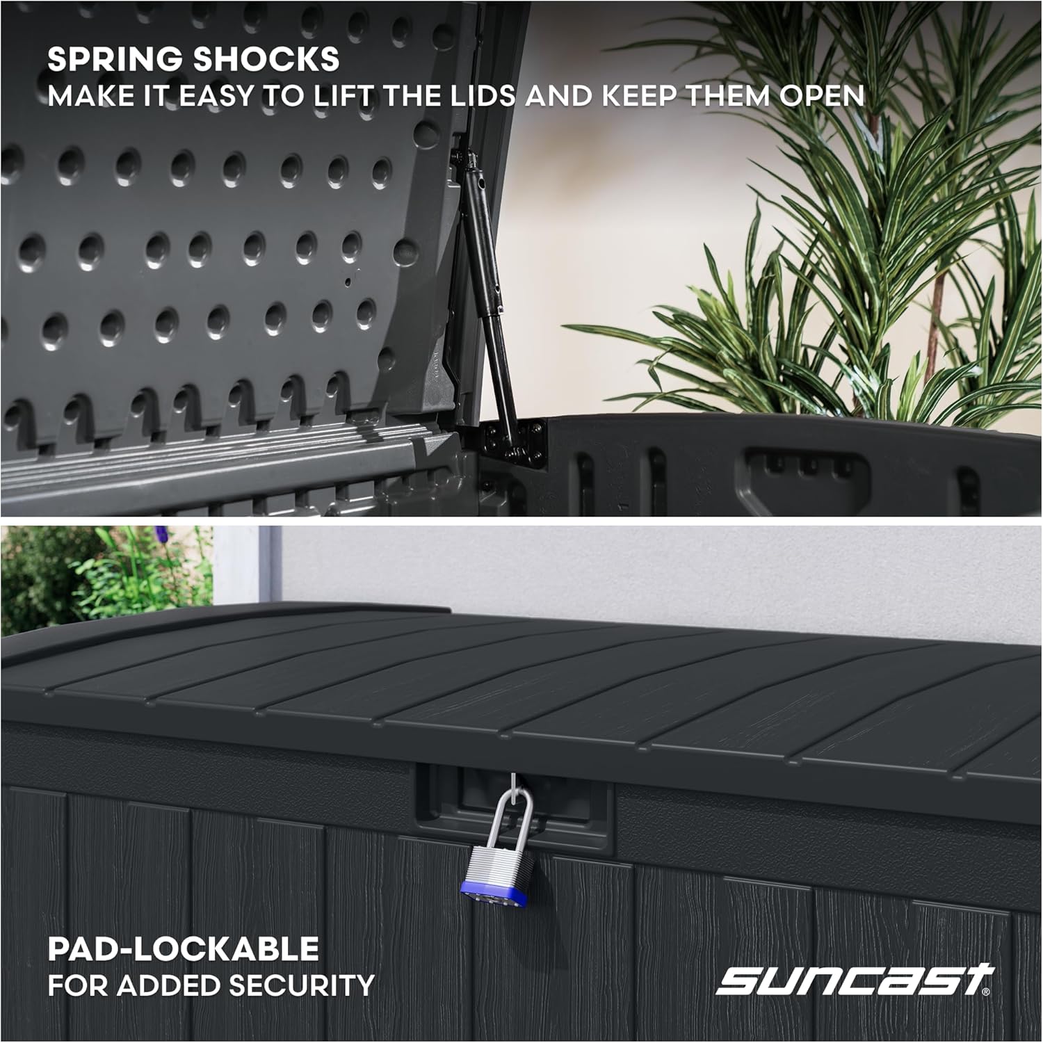 Suncast 134-Gal. Resin Extra-Large Outdoor Patio Deck Box with Pad-Lockable Lid, Modern Outdoor Patio Bench/Storage Box for Cushions, Garden Tools, and More, Iron Ore - Image 6