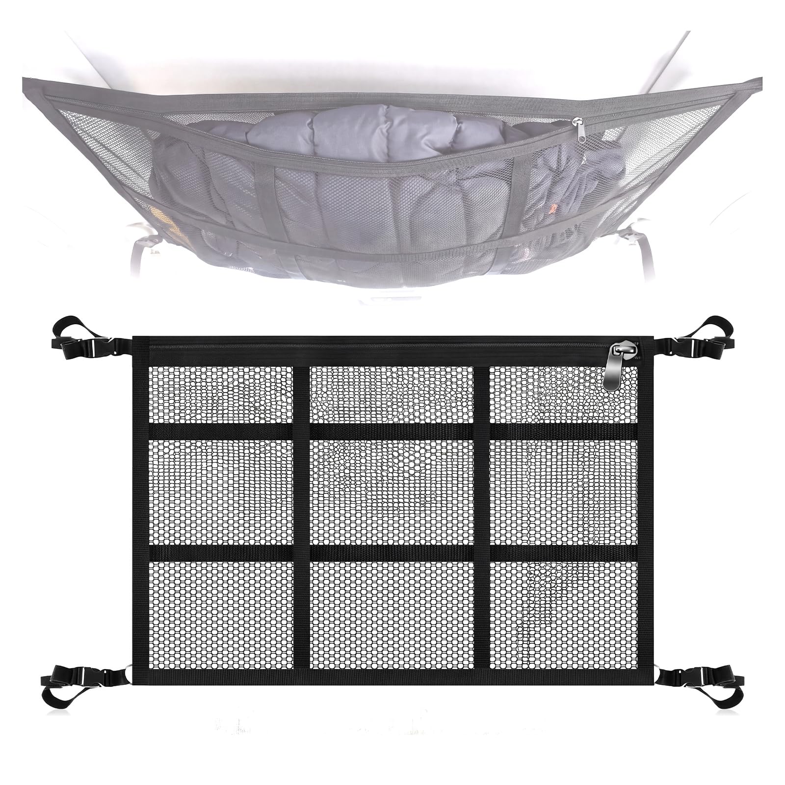 Cargo Net for Van Campervan SUV,90x65cm Adjustable Mesh Car Boot Organiser | Double Layer Mesh,Large Capacity Car Ceiling Roof Storage Net with Zipper,for Camping,SUV,Jeep Truck,Tents,Quilts Toys,Sundry