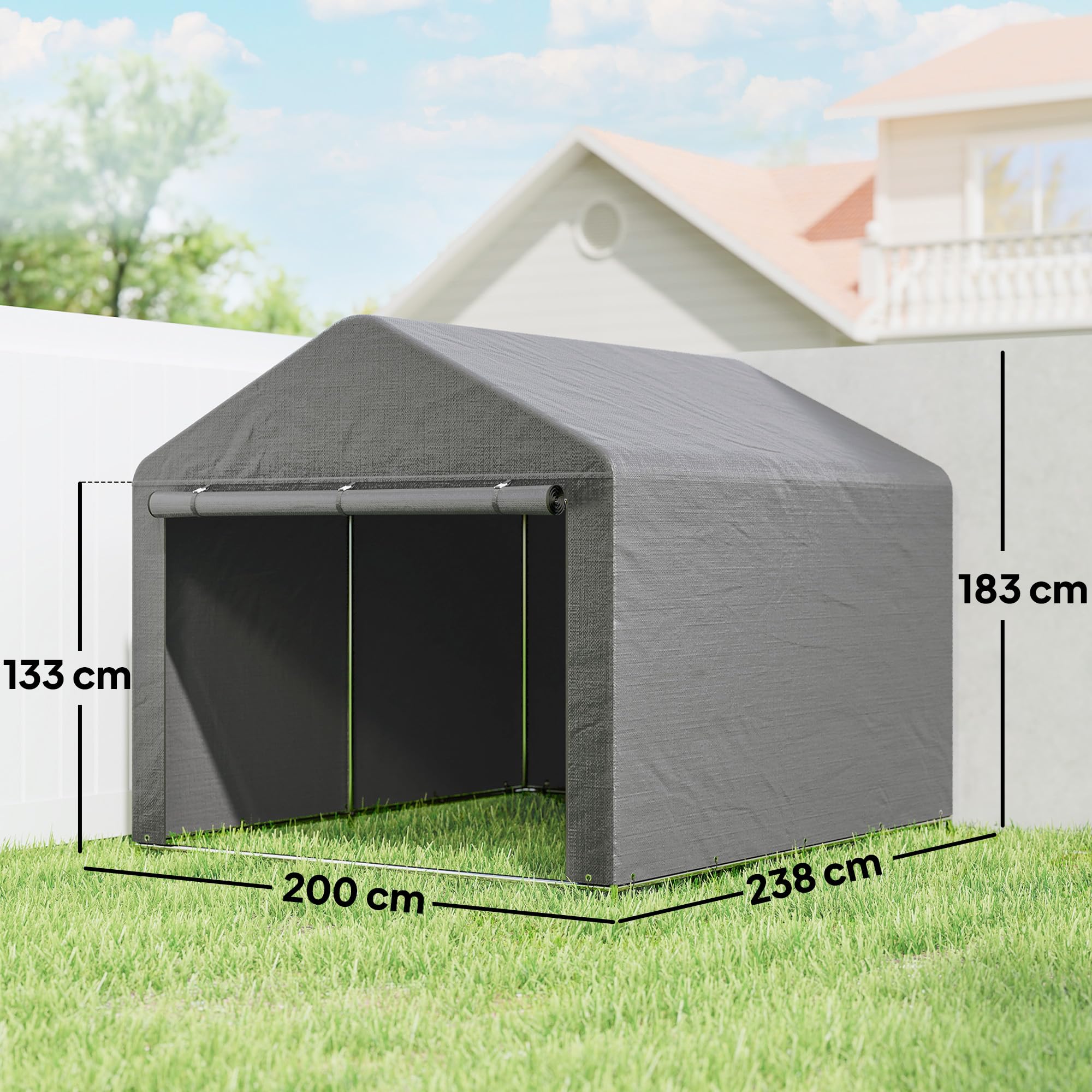 Outsunny 2x2.4 m Garage Moto per Esterno, Tenda Garage con Copertura Impermeabile, Porta Avvolgibile a Cerniera, per Biciclette e Attrezzi in Acciaio Zincato, da Giardino, Grigio Chiaro